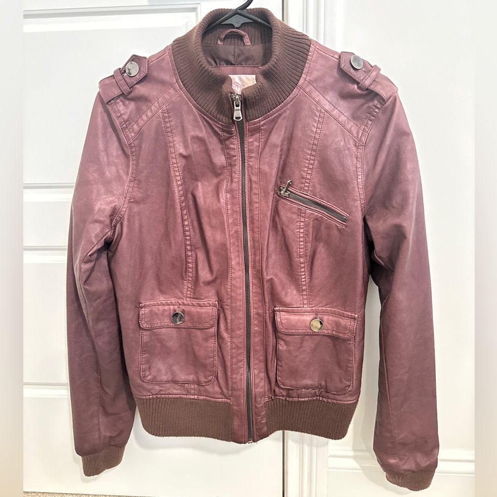 Xhilaration Faux Brown Leather Distressed Full Zip Bomber Jacket, size L